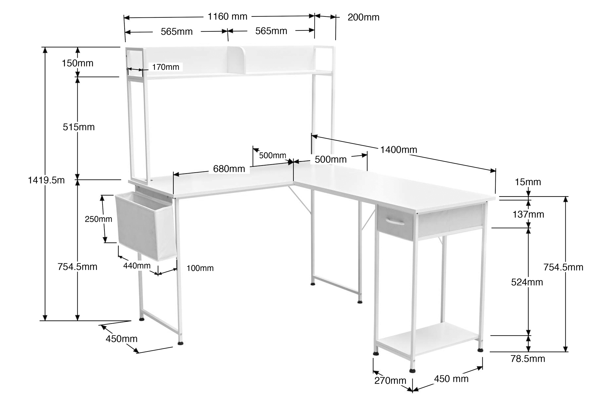 MESA ESTUDIO VERSATIL 120 x 50 - 140 CM BLANCO - Imagen 5