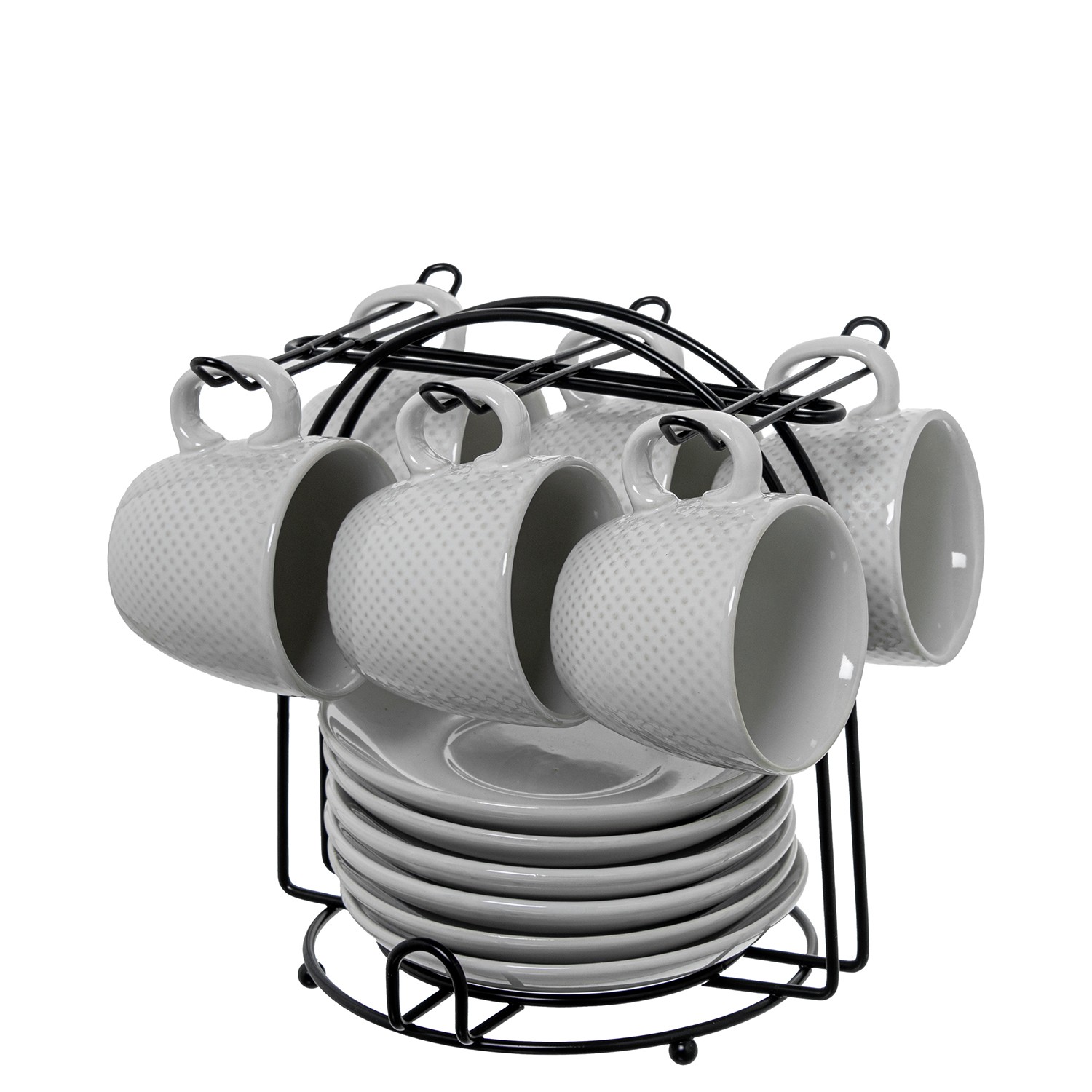 SET 6 TAZAS CAFÉ C/PLATO CERÁMA BLANCA C/SOPORTE METAL NEGRO