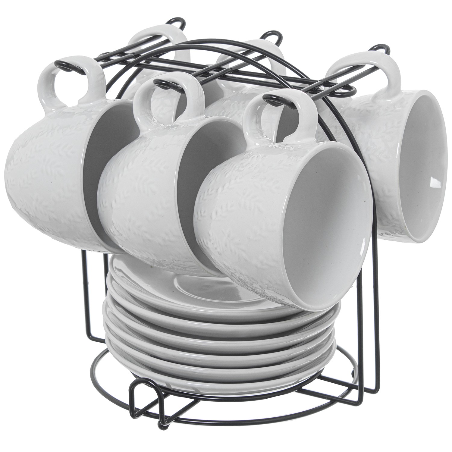 SET 6 TAZAS TÉ C/PLATO CERÁMICICA BLANCA C/SOPORTE METAL NEG