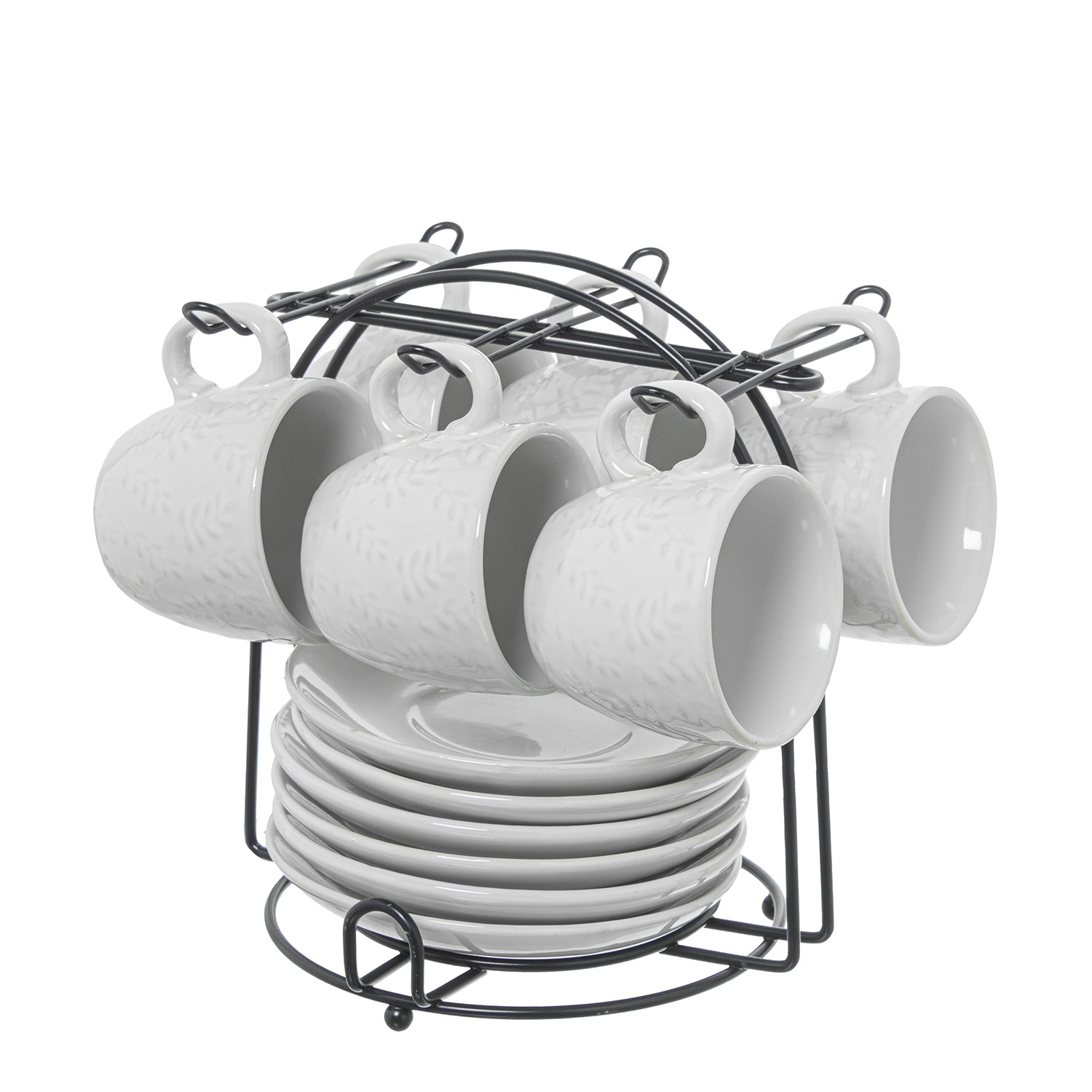 SET 6 TAZAS CAFÉ C/PLATO CERÁMA BLANCA C/SOPORTE METAL NEGRO