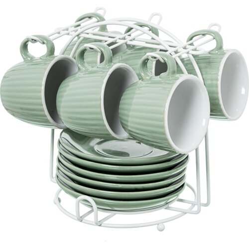 SET 6 TAZAS CAFÉ C/PLATO CERÁMA VERDE MENTA C/SOPORTE METAL