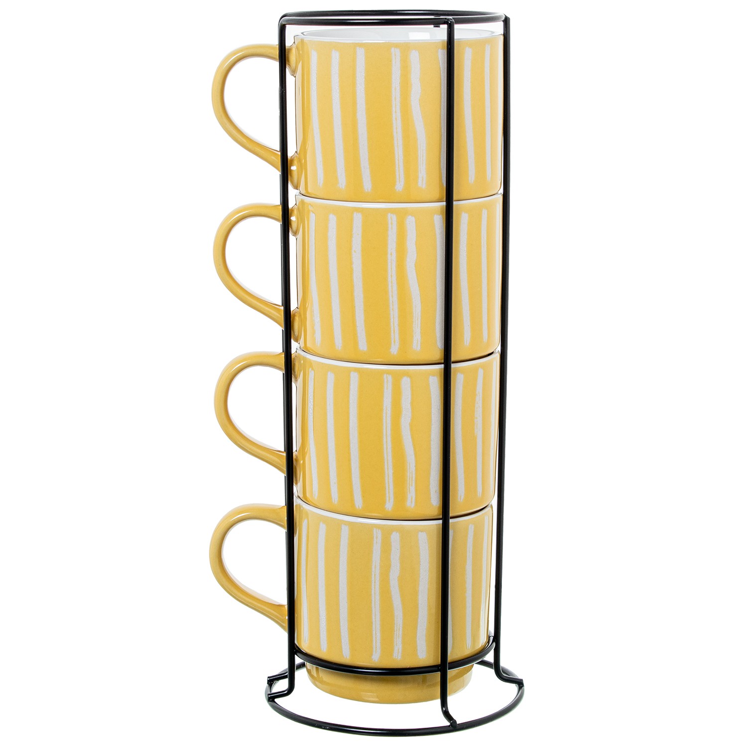 SET 4 MUGS CERÁMICA AMARILLO R C/SOPORTE METAL NEGRO