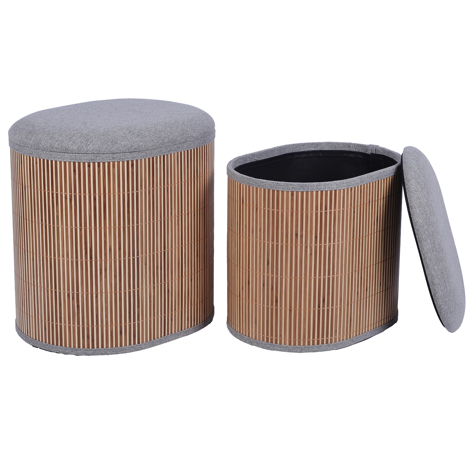 SET 2 PUFS ALMACENAMIENTO BAMBÚ C/TAPA GRIS ACOLCHADA