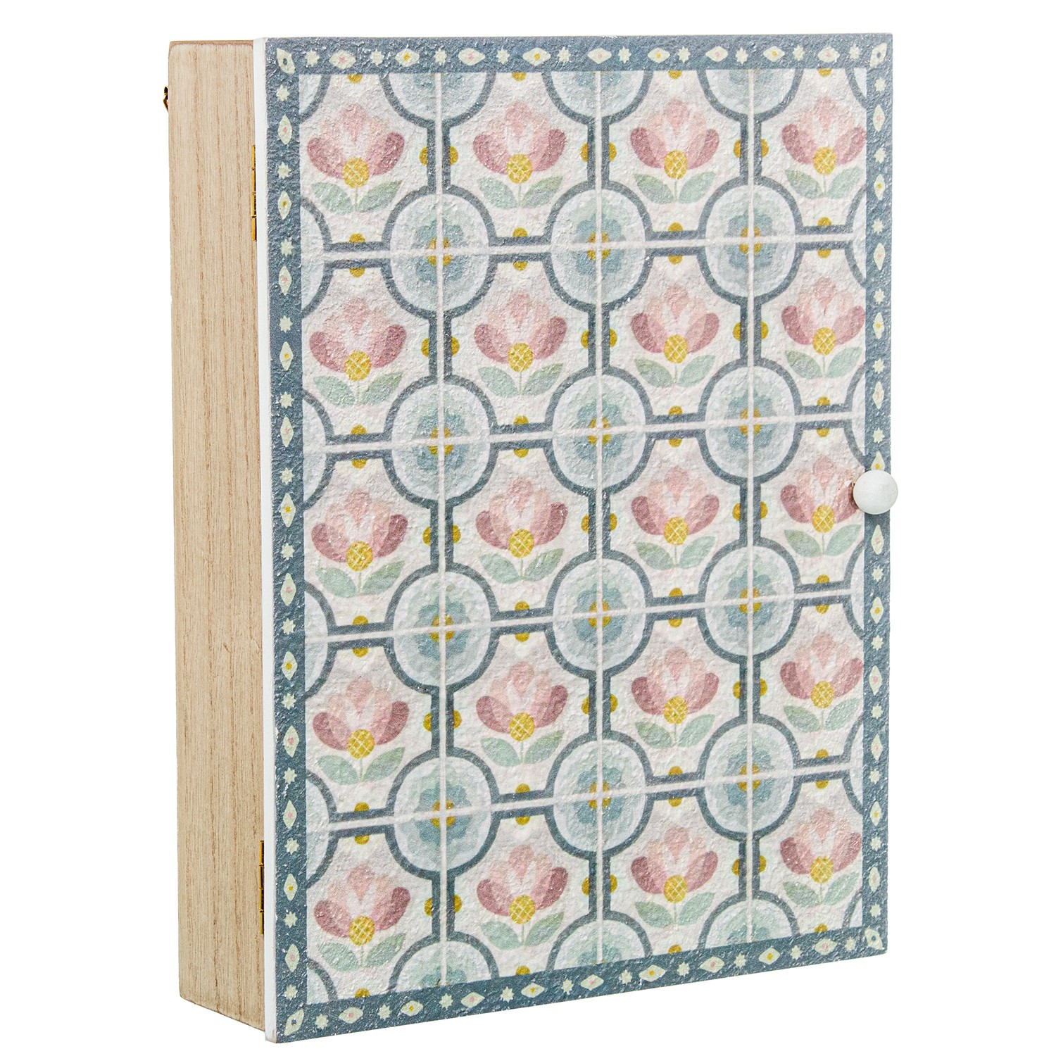 CAJA PORTA LLAVES MADERA DECO. ROSA FLORES BLANCAS