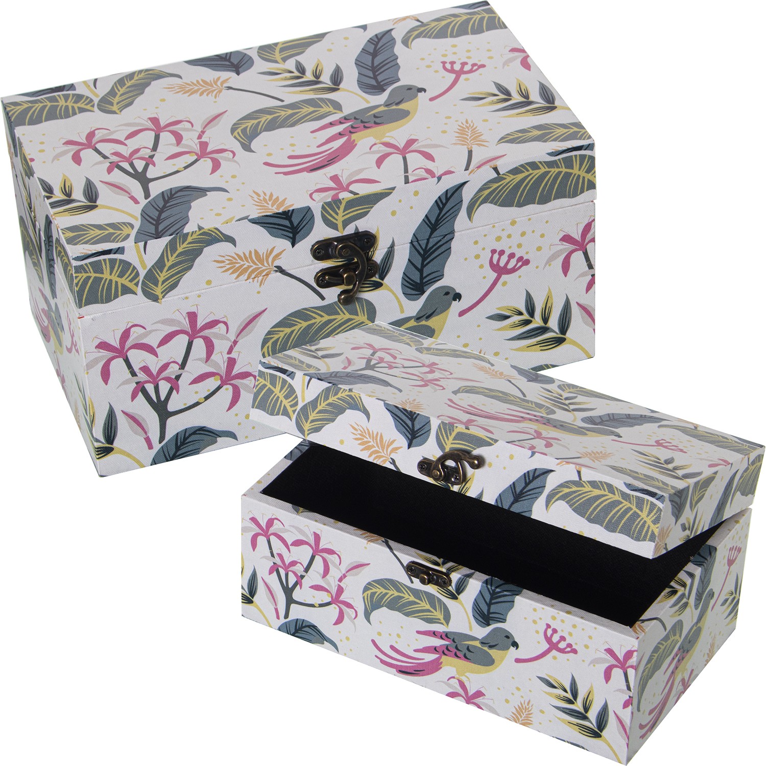 SET 2 CAJAS DECORADAS MADERADMADERA DM/LONA POLIÉSTER HOJAS