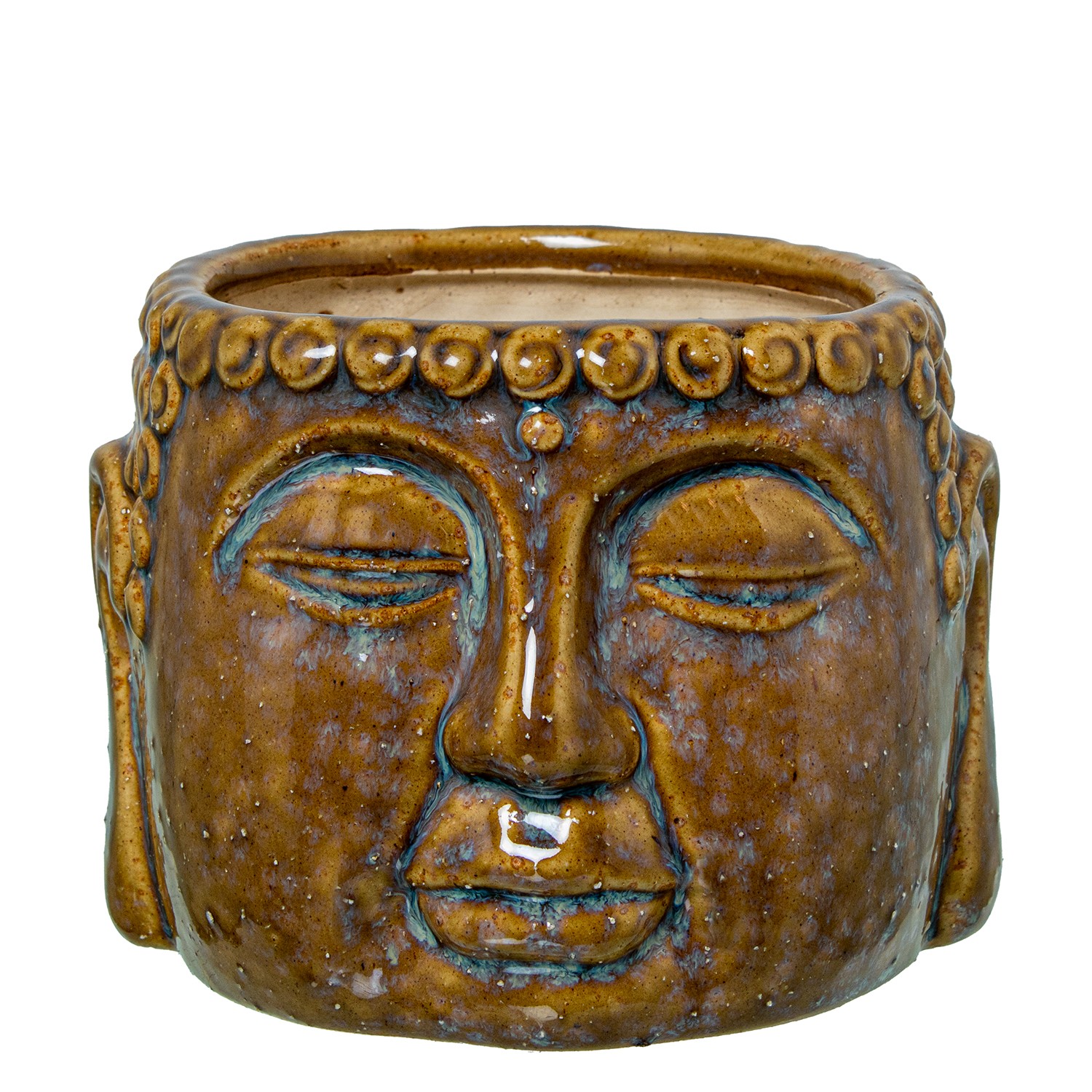 MACETERO CERÁMICA MARRÓN LACADO ROSTRO BUDA