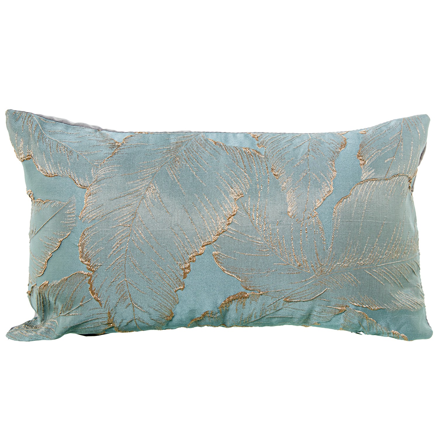 COJÍN 50X30CM AZUL HOJAS MARRÓN 100% POLIESTER TRASERA GRIS