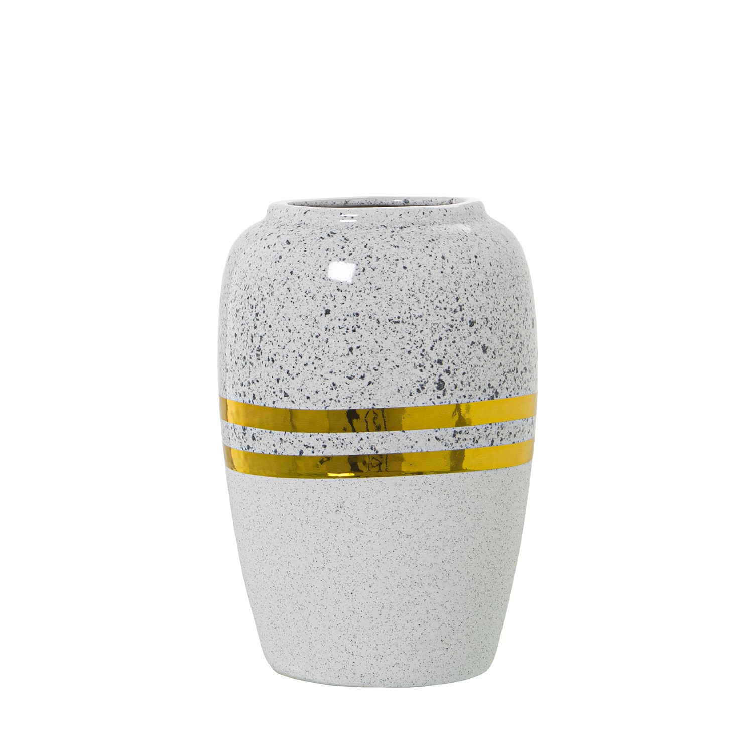JARRÓN CERÁMICA PLATEADO/BLANCO C/FRANJAS ORO