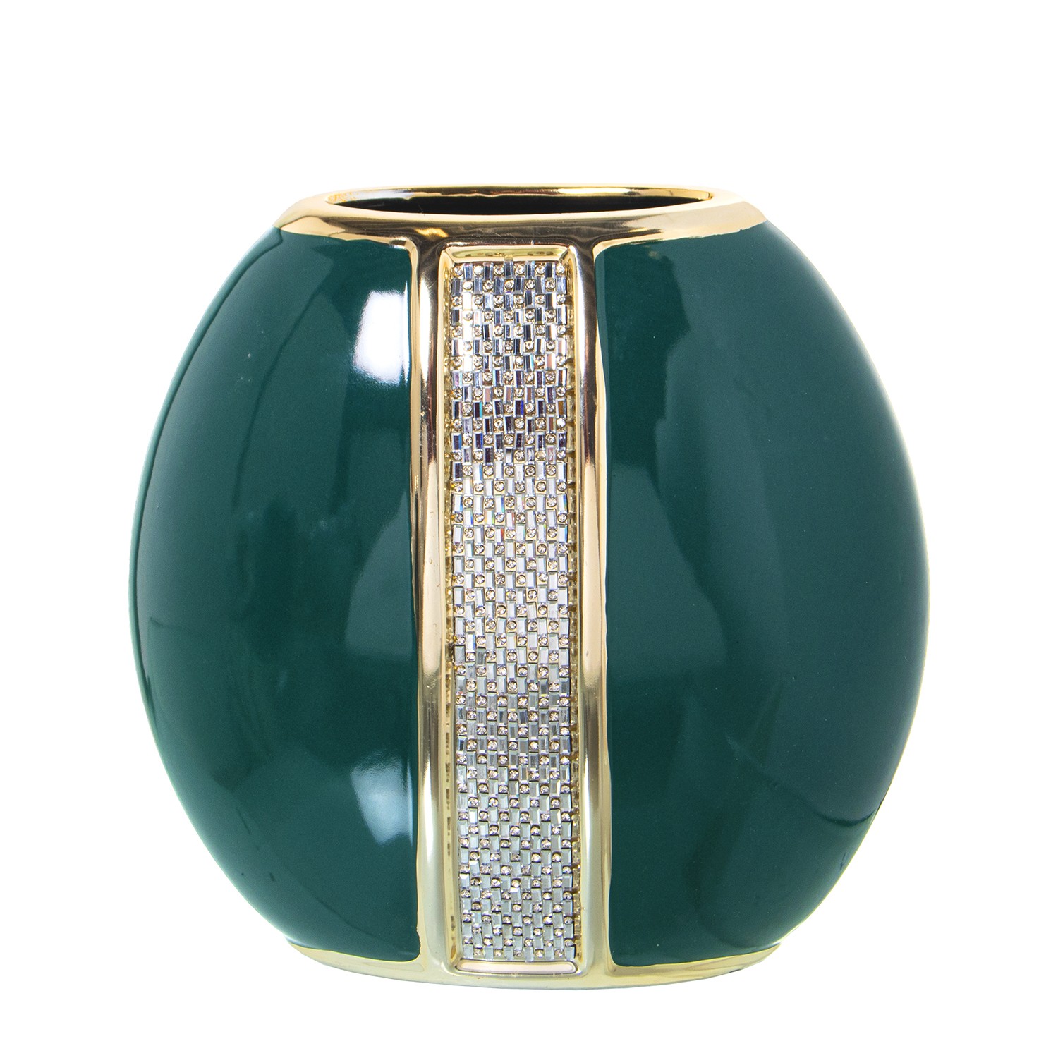 JARRÓN CERÁMICA VERDE/ORO C/BRILLOS PLATA