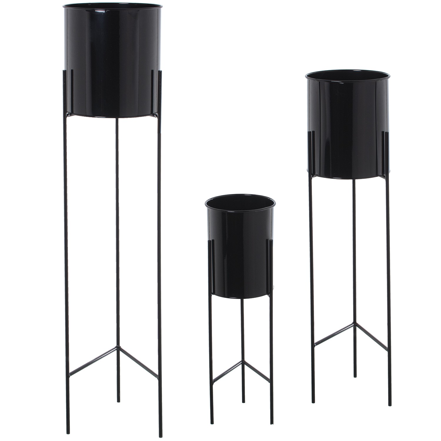 SET 3 MACETEROS METAL NEGRO C/PIE DORADO