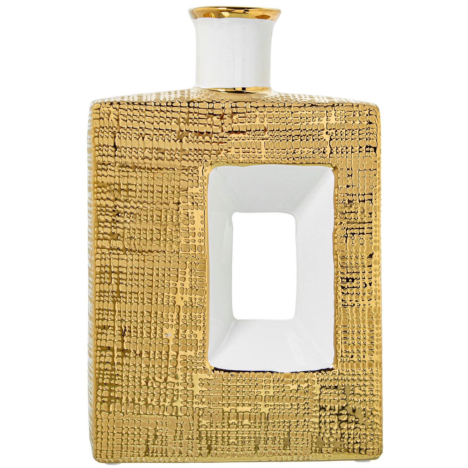 JARRON CERAMICA AGUJERO 28CM ORO/BLANCO BRILLO