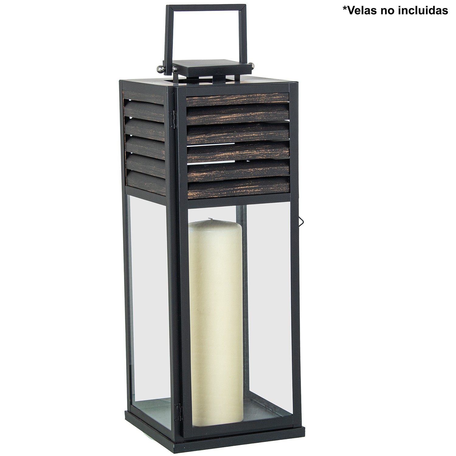 FAROL PORTAVELAS 54CM METAL NEGRO/MADERA