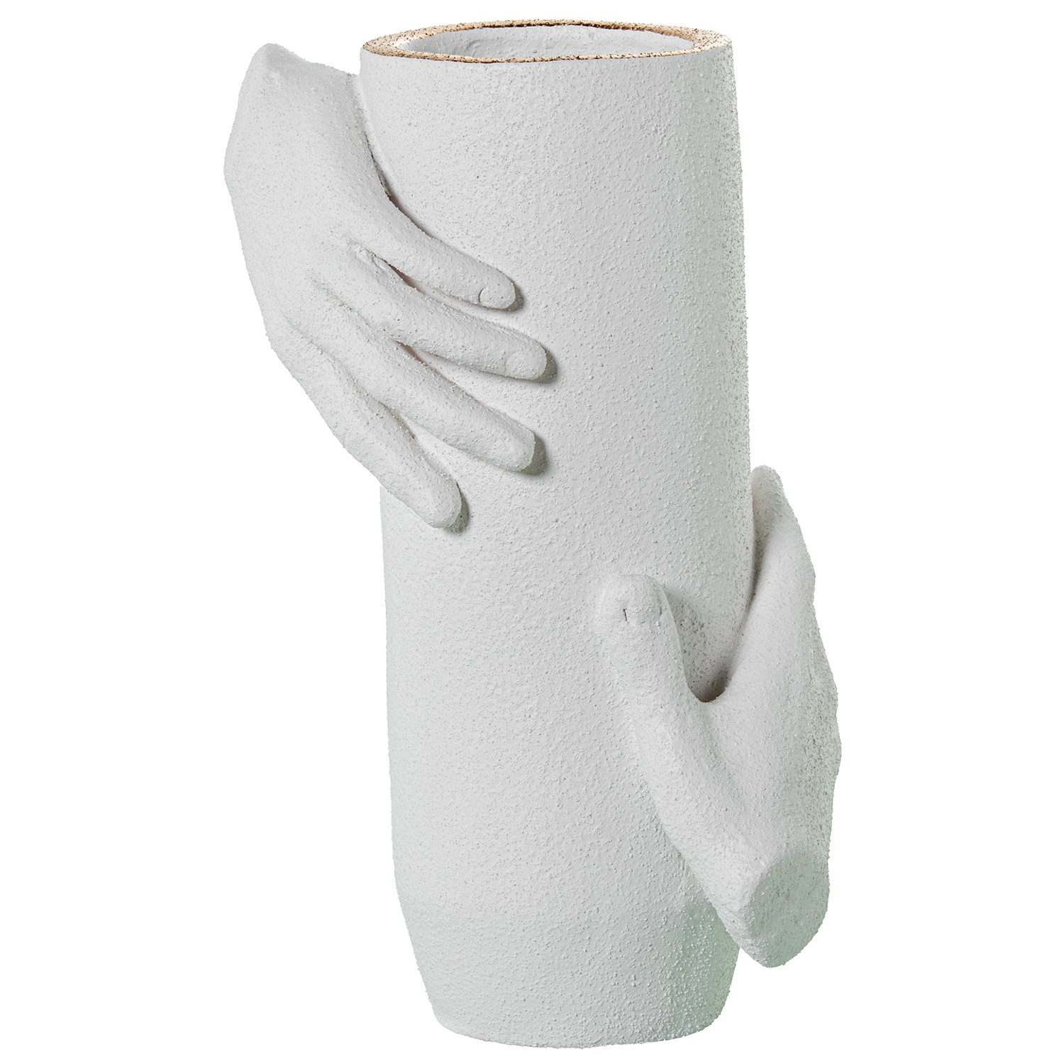 JARRÓN CILINDRO C/MANOS 33CM CICA BLANCO ARENA/DORADO