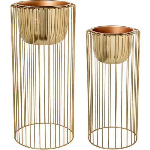 SET 2 MACETEROS C/PIE METAL DORADO/BLANCO