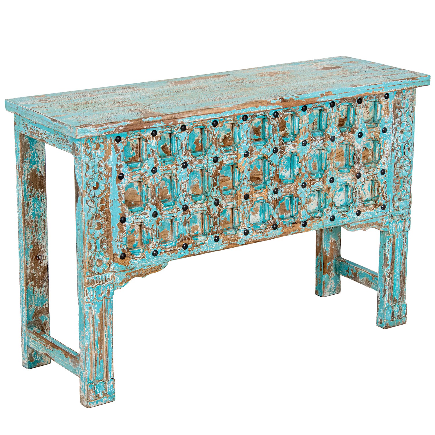 MESA ENTRADA MANGO CELESTE C/RDE METAL+ BASE MADERA
