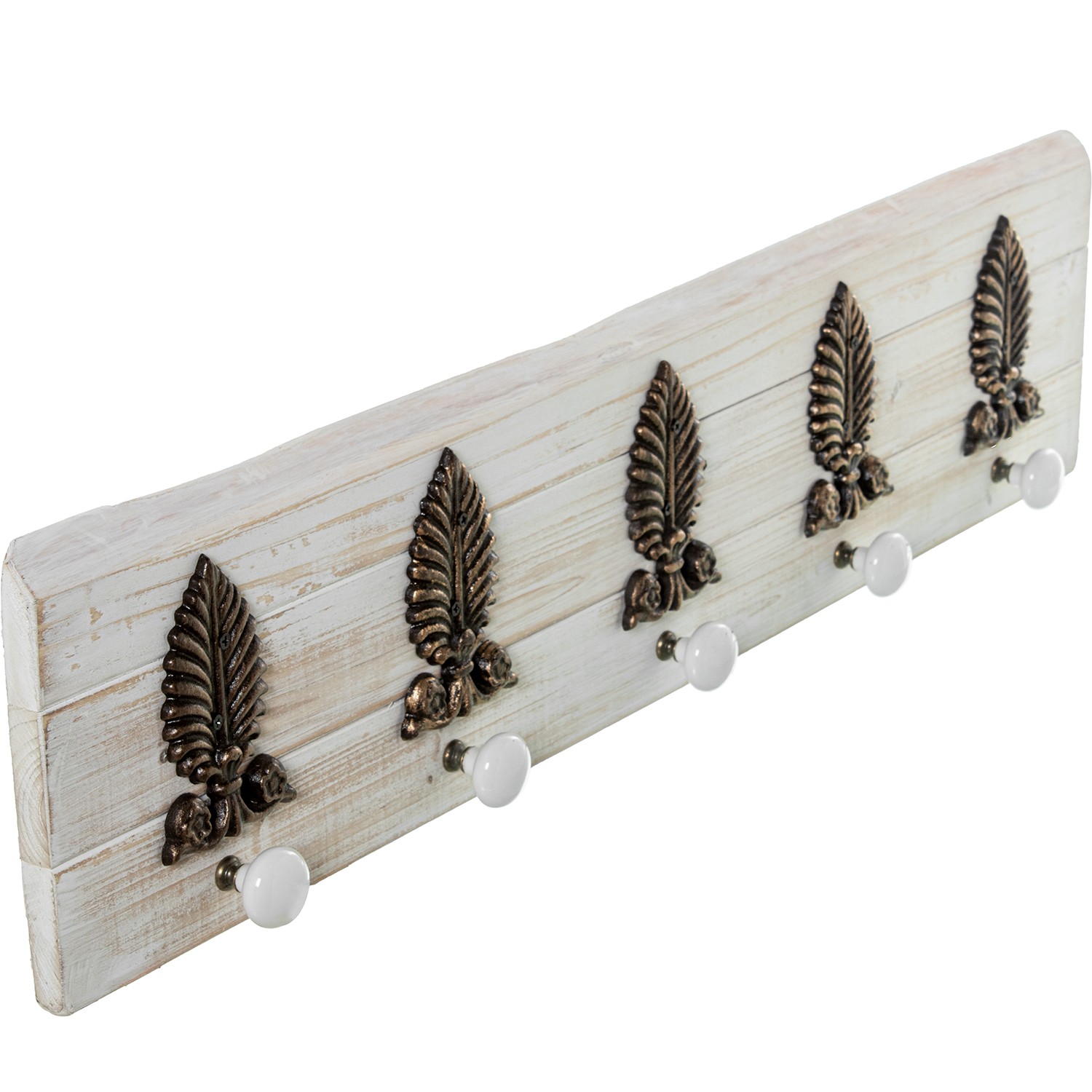 PERCHERO MADERA C/5 GANCHOS CERÁMICA BLANCA Y ADORNOS METAL