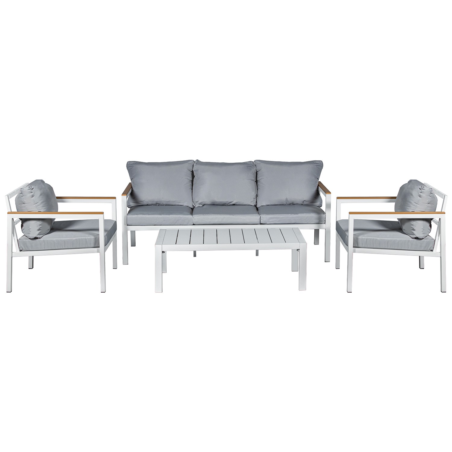 SET SOFÁ 3P+2 SILLONES+MESA ALUMINIO ANTRACITA COJINES BEIGE
