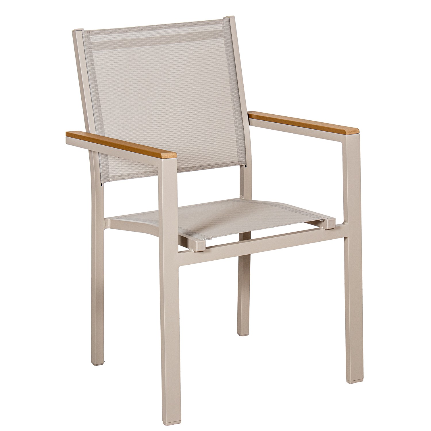 SILLA ALUMINIO TEXTILENO CREMACITA ACABADO MADERA APILABLE
