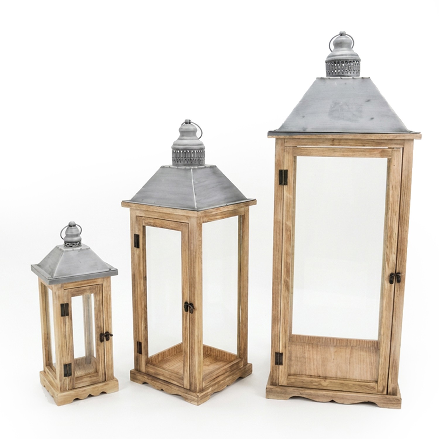 SET 3 FAROLES MADERA NATURAL PRTE SUPERIOR METAL