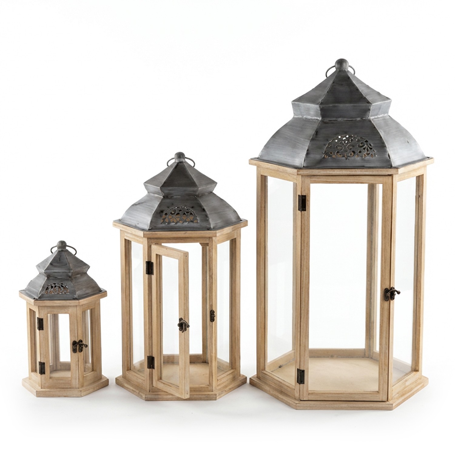 SET 3 FAROLES MADERA NATURAL PRTE SUPERIOR METAL