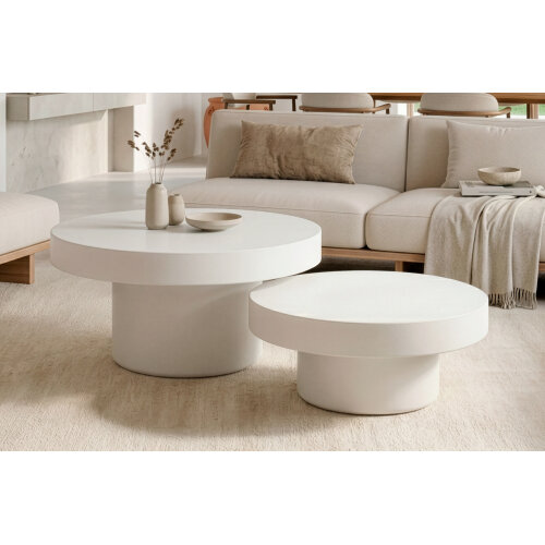 MESA BAJA REDONDA 66 CM MICROCEMENTO BLANCO
