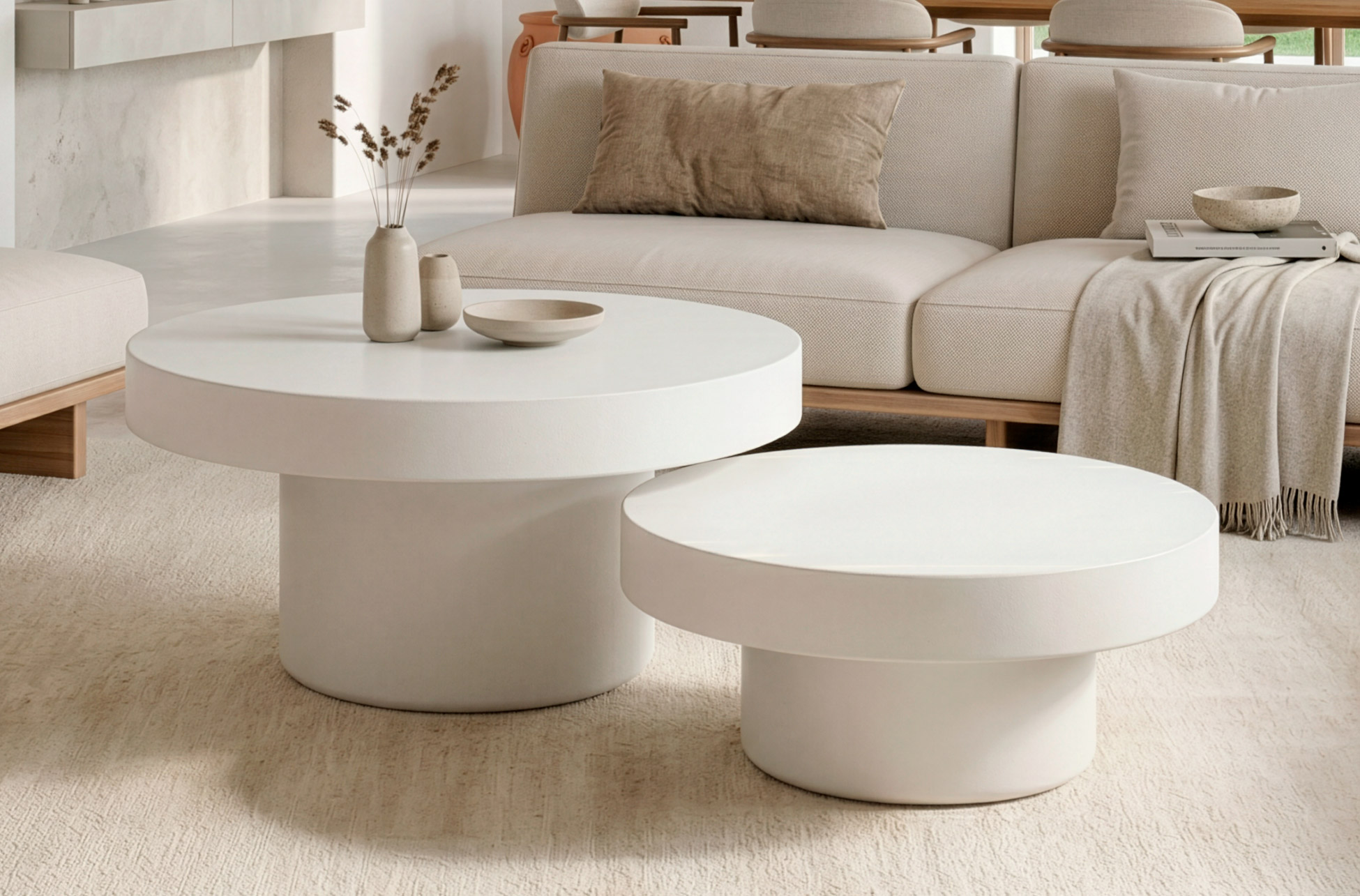 MESA BAJA REDONDA 66 CM MICROCEMENTO BLANCO