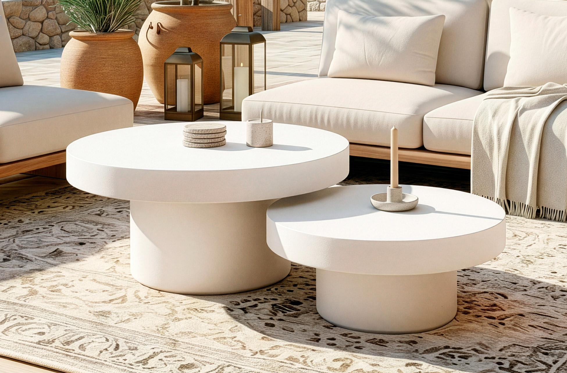 MESA BAJA REDONDA 90 CM MICROCEMENTO BLANCO
