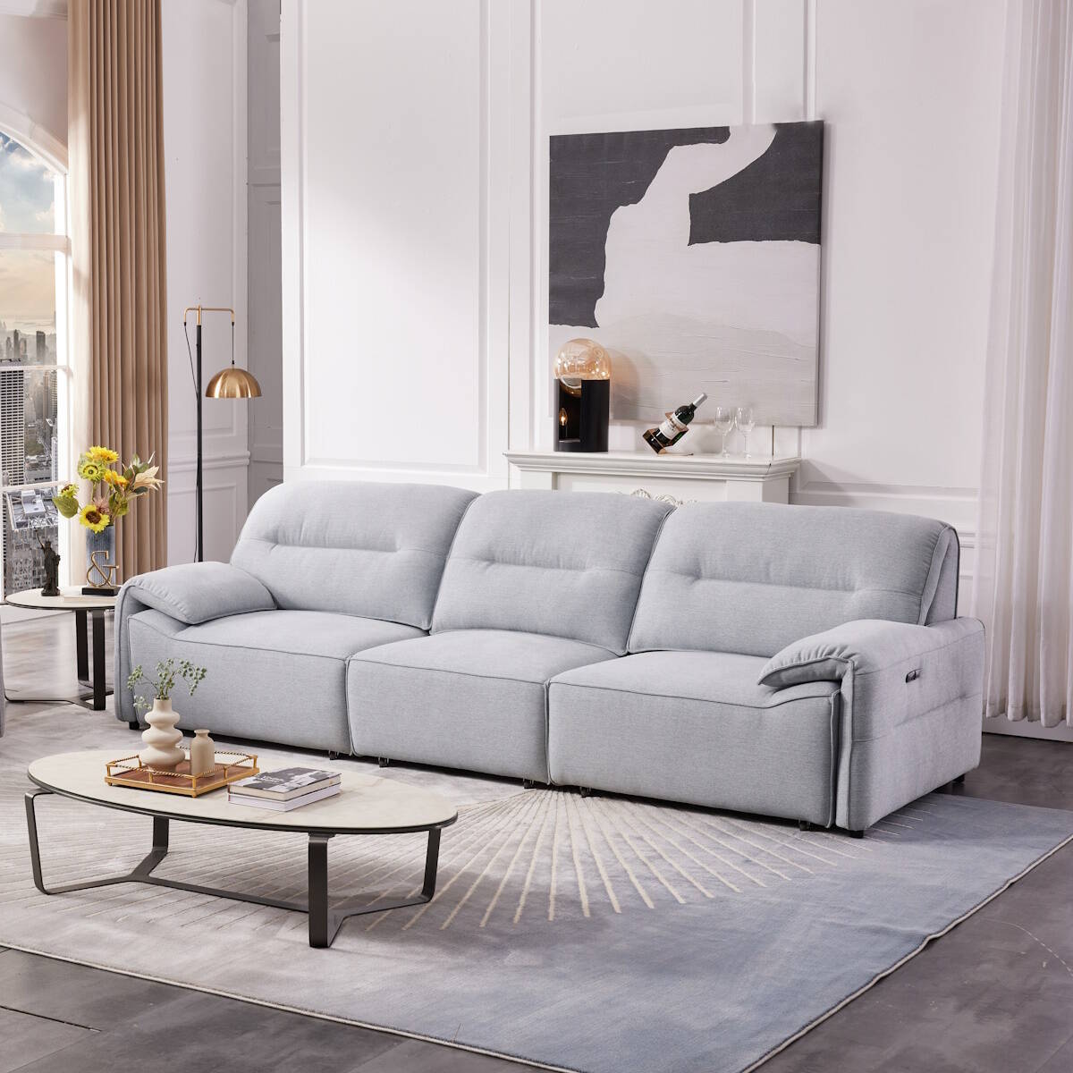 SOFA 3 PL. MAXI MOD. EVAN TELA C/ GRIS CLARO ASIENTOS EXTR. ELECTRICOS 2 MODULOS DE BRAZO + MODULO CENTRAL
