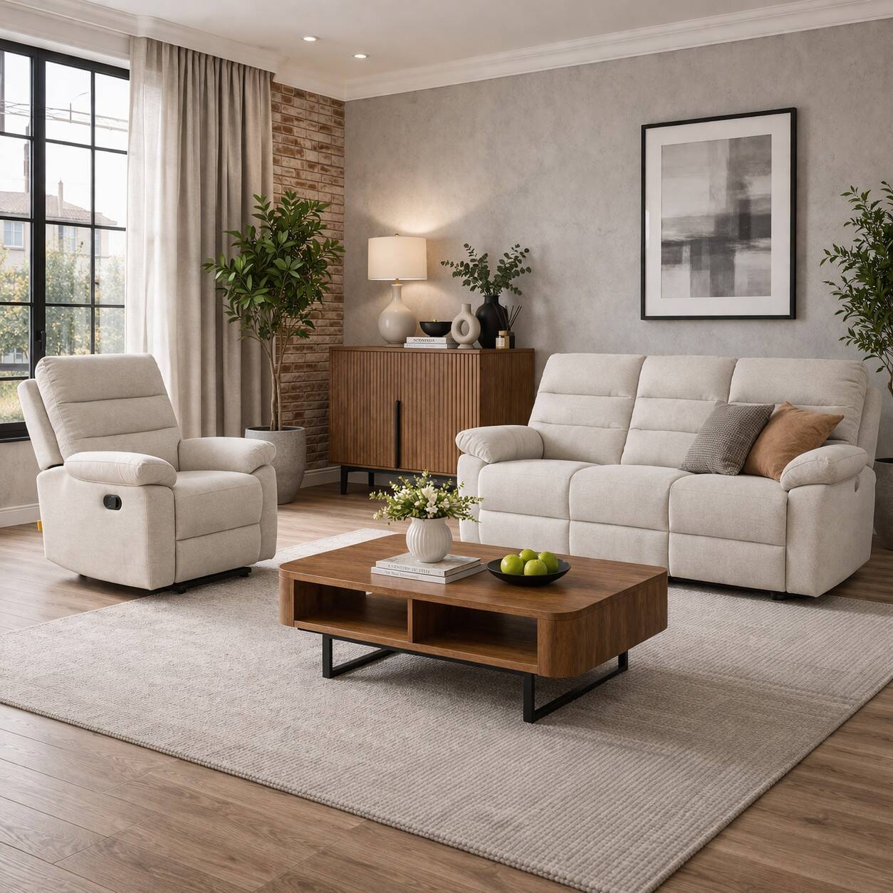 SOFA 3 PL. MOD. VENICE TELA C/ BEIGE 2 RELAX ELECTRICOS Modulo central fijo - SILLON RELAX DE REGALO